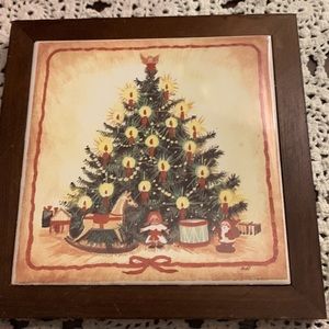 🎄Antique Christmas Tree Picture Hand Painted on Porcelain Tile With Frame